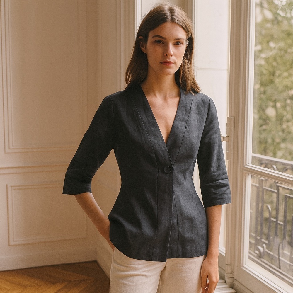Untouched World - Linen Deep V-Neck Jacket Top - Blue